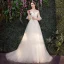 Affordable Champagne Outdoor / Garden See-through Wedding Dresses 2019 A-Line / Princess Scoop Neck Bell sleeves Backless Appliques Lace Sequins Sweep Train Ruffle