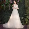 Affordable Champagne Outdoor / Garden See-through Wedding Dresses 2019 A-Line / Princess Scoop Neck Bell sleeves Backless Appliques Lace Sequins Sweep Train Ruffle