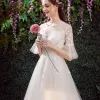 Affordable Champagne Outdoor / Garden See-through Wedding Dresses 2019 A-Line / Princess Scoop Neck Bell sleeves Backless Appliques Lace Sequins Sweep Train Ruffle