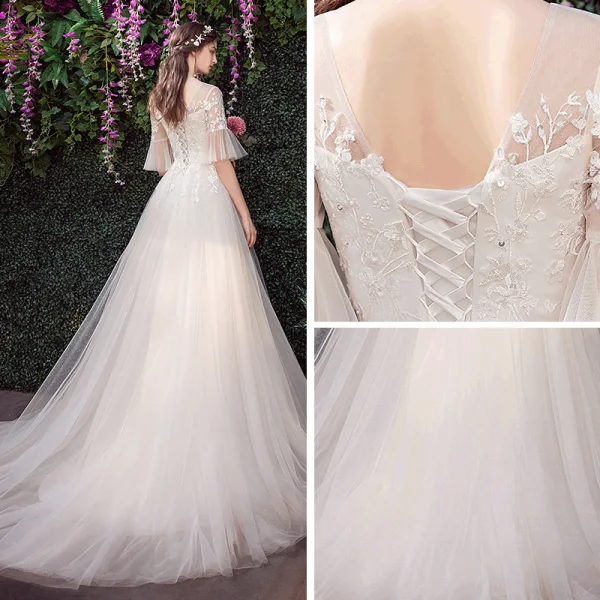 Affordable Champagne Outdoor / Garden See-through Wedding Dresses 2019 A-Line / Princess Scoop Neck Bell sleeves Backless Appliques Lace Sequins Sweep Train Ruffle