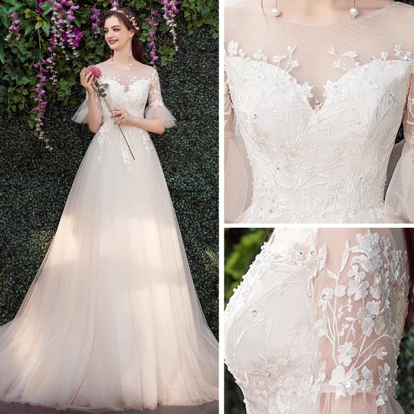 Affordable Champagne Outdoor / Garden See-through Wedding Dresses 2019 A-Line / Princess Scoop Neck Bell sleeves Backless Appliques Lace Sequins Sweep Train Ruffle
