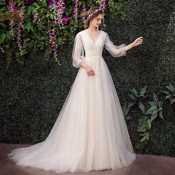 Affordable Champagne Outdoor / Garden Wedding Dresses 2019 A-Line / Princess V-Neck Puffy 3/4 Sleeve Backless Appliques Lace Sweep Train Ruffle