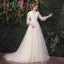 Affordable Champagne Outdoor / Garden Wedding Dresses 2019 A-Line / Princess V-Neck Puffy 3/4 Sleeve Backless Appliques Lace Sweep Train Ruffle