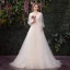 Affordable Champagne Outdoor / Garden Wedding Dresses 2019 A-Line / Princess V-Neck Puffy 3/4 Sleeve Backless Appliques Lace Sweep Train Ruffle