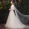 Affordable Champagne Outdoor / Garden Wedding Dresses 2019 A-Line / Princess V-Neck Puffy 3/4 Sleeve Backless Appliques Lace Sweep Train Ruffle