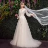 Affordable Champagne Outdoor / Garden Wedding Dresses 2019 A-Line / Princess V-Neck Puffy 3/4 Sleeve Backless Appliques Lace Sweep Train Ruffle