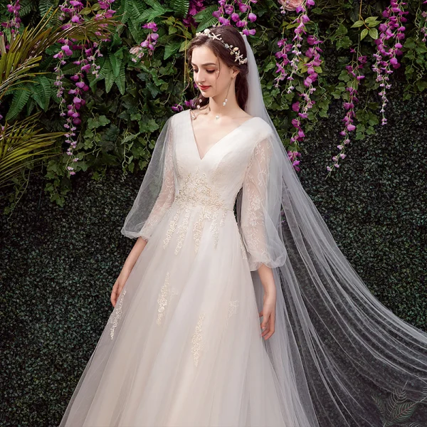 Affordable Champagne Outdoor / Garden Wedding Dresses 2019 A-Line / Princess V-Neck Puffy 3/4 Sleeve Backless Appliques Lace Sweep Train Ruffle