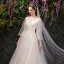 Affordable Champagne Outdoor / Garden Wedding Dresses 2019 A-Line / Princess V-Neck Puffy 3/4 Sleeve Backless Appliques Lace Sweep Train Ruffle