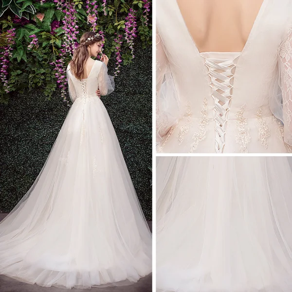 Affordable Champagne Outdoor / Garden Wedding Dresses 2019 A-Line / Princess V-Neck Puffy 3/4 Sleeve Backless Appliques Lace Sweep Train Ruffle