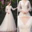 Affordable Champagne Outdoor / Garden Wedding Dresses 2019 A-Line / Princess V-Neck Puffy 3/4 Sleeve Backless Appliques Lace Sweep Train Ruffle