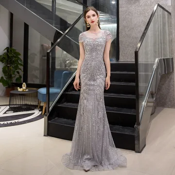 Luxury Gorgeous Grey See Through Evening Dresses 2019 Trumpet Mermaid Scoop Neck Cap Sleeves Handmade Sequins Beading Sweep Train Formal Dresses