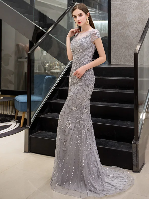 Luxe Gris Transparentes Robe De Soirée 2019 Trompette / Sirène Encolure Dégagée Mancherons Fait main Paillettes Perlage Train De Balayage Robe De Ceremonie