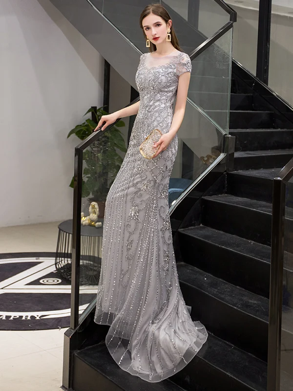Luxe Gris Transparentes Robe De Soirée 2019 Trompette / Sirène Encolure Dégagée Mancherons Fait main Paillettes Perlage Train De Balayage Robe De Ceremonie