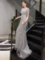 Luxe Gris Transparentes Robe De Soirée 2019 Trompette / Sirène Encolure Dégagée Mancherons Fait main Paillettes Perlage Train De Balayage Robe De Ceremonie