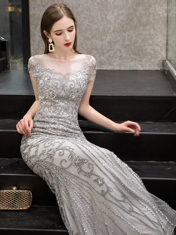Luxe Gris Transparentes Robe De Soirée 2019 Trompette / Sirène Encolure Dégagée Mancherons Fait main Paillettes Perlage Train De Balayage Robe De Ceremonie