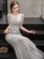 Luxe Gris Transparentes Robe De Soirée 2019 Trompette / Sirène Encolure Dégagée Mancherons Fait main Paillettes Perlage Train De Balayage Robe De Ceremonie