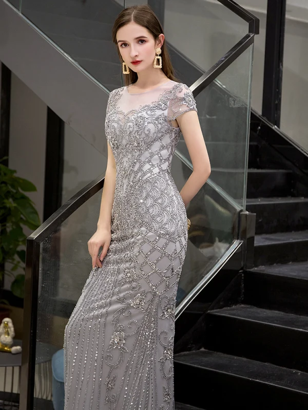 Luxe Gris Transparentes Robe De Soirée 2019 Trompette / Sirène Encolure Dégagée Mancherons Fait main Paillettes Perlage Train De Balayage Robe De Ceremonie