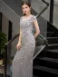 Luxe Gris Transparentes Robe De Soirée 2019 Trompette / Sirène Encolure Dégagée Mancherons Fait main Paillettes Perlage Train De Balayage Robe De Ceremonie
