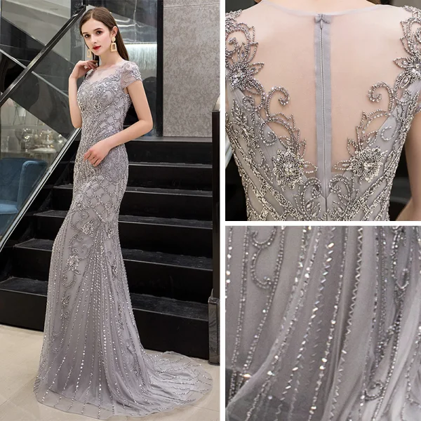 Luxe Gris Transparentes Robe De Soirée 2019 Trompette / Sirène Encolure Dégagée Mancherons Fait main Paillettes Perlage Train De Balayage Robe De Ceremonie