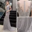 Luxe Gris Transparentes Robe De Soirée 2019 Trompette / Sirène Encolure Dégagée Mancherons Fait main Paillettes Perlage Train De Balayage Robe De Ceremonie