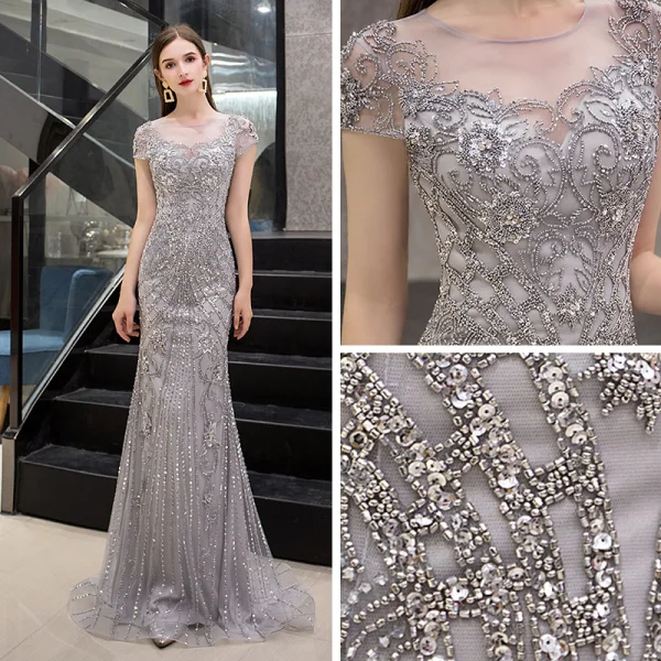 Luxe Gris Transparentes Robe De Soirée 2019 Trompette / Sirène Encolure Dégagée Mancherons Fait main Paillettes Perlage Train De Balayage Robe De Ceremonie