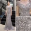 Luxe Gris Transparentes Robe De Soirée 2019 Trompette / Sirène Encolure Dégagée Mancherons Fait main Paillettes Perlage Train De Balayage Robe De Ceremonie