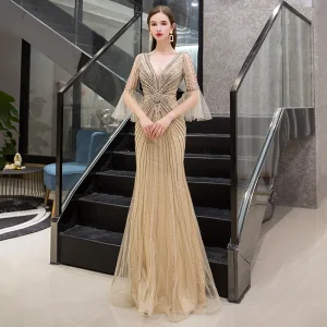 Luxury Gorgeous Gold Evening Dresses 2019 Trumpet Mermaid Deep V Neck Bell Sleeves Handmade Sequins Beading Floor Length Long Ruffle Backless Formal Dresses
