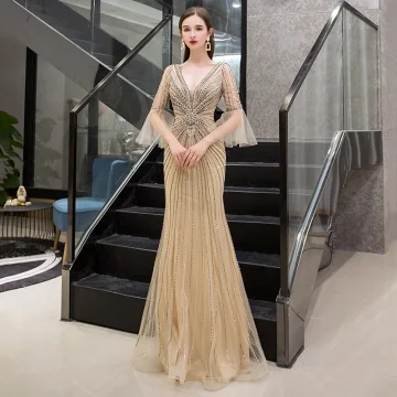 Luxury Gorgeous Gold Evening Dresses 2019 Trumpet Mermaid Deep V Neck Bell Sleeves Handmade Sequins Beading Floor Length Long Ruffle Backless Formal Dresses