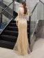 Luxe Doré Robe De Soirée 2019 Trompette / Sirène Col v profond Manches de cloche Fait main Paillettes Perlage Longue Volants Dos Nu Robe De Ceremonie