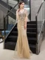 Luxe Doré Robe De Soirée 2019 Trompette / Sirène Col v profond Manches de cloche Fait main Paillettes Perlage Longue Volants Dos Nu Robe De Ceremonie