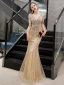 Luxe Doré Robe De Soirée 2019 Trompette / Sirène Col v profond Manches de cloche Fait main Paillettes Perlage Longue Volants Dos Nu Robe De Ceremonie