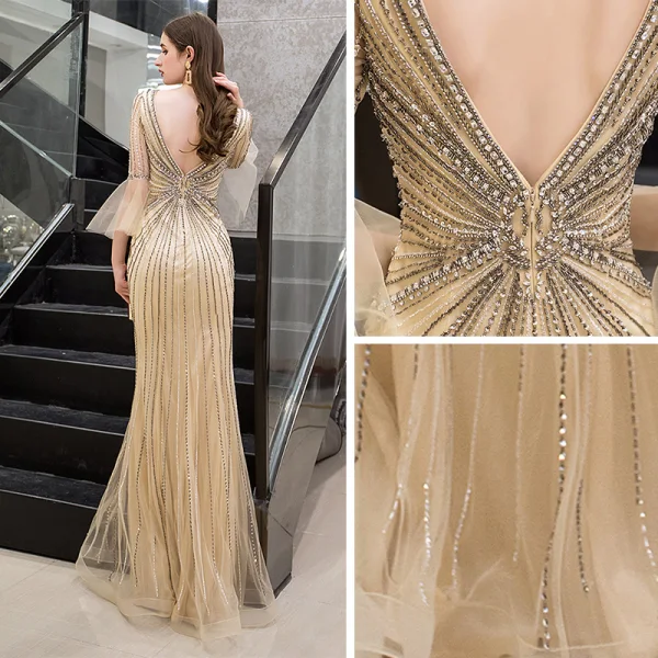 Luxe Doré Robe De Soirée 2019 Trompette / Sirène Col v profond Manches de cloche Fait main Paillettes Perlage Longue Volants Dos Nu Robe De Ceremonie