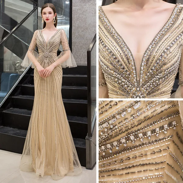 Luxe Doré Robe De Soirée 2019 Trompette / Sirène Col v profond Manches de cloche Fait main Paillettes Perlage Longue Volants Dos Nu Robe De Ceremonie