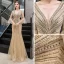 Luxe Doré Robe De Soirée 2019 Trompette / Sirène Col v profond Manches de cloche Fait main Paillettes Perlage Longue Volants Dos Nu Robe De Ceremonie