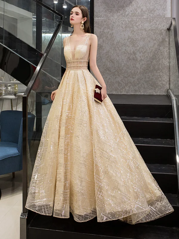 Illusion Doré Transparentes Robe De Soirée 2019 Princesse Col v profond Sans Manches Paillettes Perlage Glitter Tulle Train De Balayage Volants Dos Nu Robe De Ceremonie