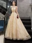Illusion Doré Transparentes Robe De Soirée 2019 Princesse Col v profond Sans Manches Paillettes Perlage Glitter Tulle Train De Balayage Volants Dos Nu Robe De Ceremonie