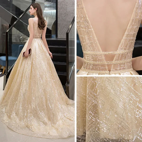 Illusion Doré Transparentes Robe De Soirée 2019 Princesse Col v profond Sans Manches Paillettes Perlage Glitter Tulle Train De Balayage Volants Dos Nu Robe De Ceremonie