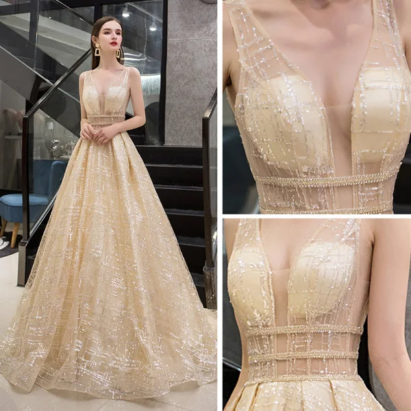 Illusion Doré Transparentes Robe De Soirée 2019 Princesse Col v profond Sans Manches Paillettes Perlage Glitter Tulle Train De Balayage Volants Dos Nu Robe De Ceremonie