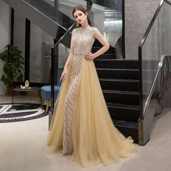 Luxury / Gorgeous Gold Evening Dresses  2019 A-Line / Princess High Neck Sleeveless Handmade  Sequins Beading Sweep Train Ruffle Formal Dresses