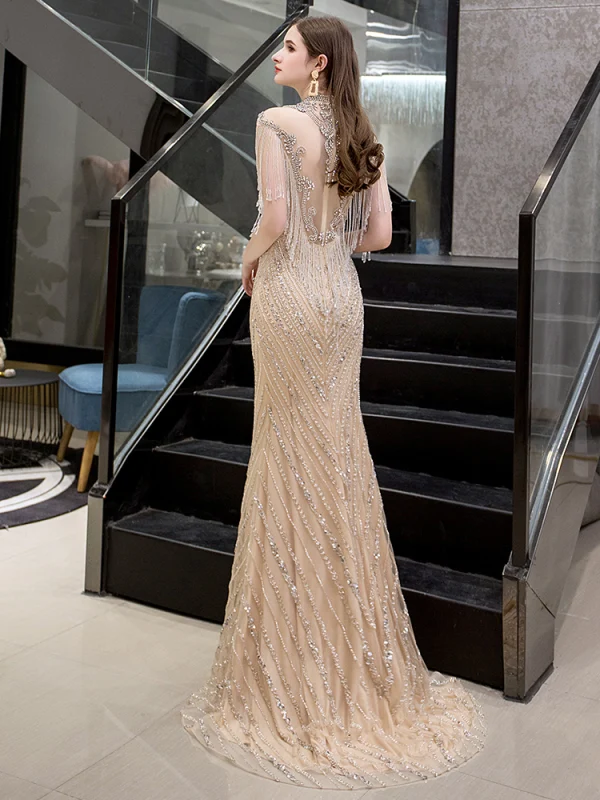 gold dress model Long Foil Prom Dress with Lace-Up Open Back– PromGirl main image 1