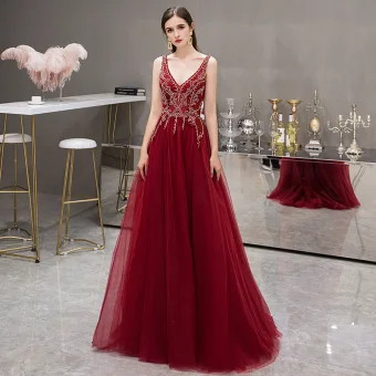 Elegant Burgundy Evening Dresses 2019 A Line Princess Deep V Neck Sleeveless Rhinestone Beading Sweep Train Ruffle Backless Formal Dresses