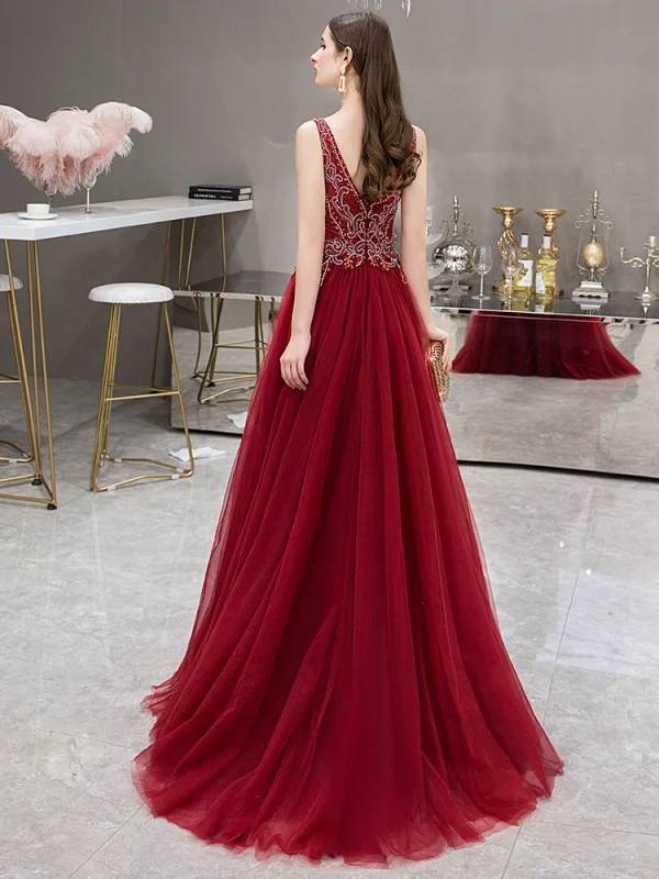 Élégant Bordeaux Robe De Soirée 2019 Princesse Col v profond Sans Manches Faux Diamant Perlage Train De Balayage Volants Dos Nu Robe De Ceremonie
