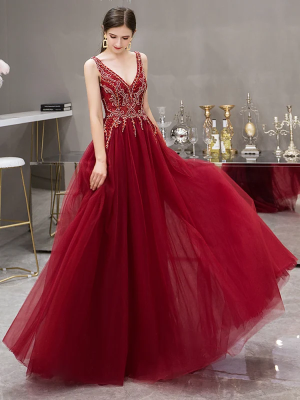 Élégant Bordeaux Robe De Soirée 2019 Princesse Col v profond Sans Manches Faux Diamant Perlage Train De Balayage Volants Dos Nu Robe De Ceremonie