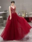 Élégant Bordeaux Robe De Soirée 2019 Princesse Col v profond Sans Manches Faux Diamant Perlage Train De Balayage Volants Dos Nu Robe De Ceremonie