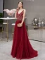 Élégant Bordeaux Robe De Soirée 2019 Princesse Col v profond Sans Manches Faux Diamant Perlage Train De Balayage Volants Dos Nu Robe De Ceremonie