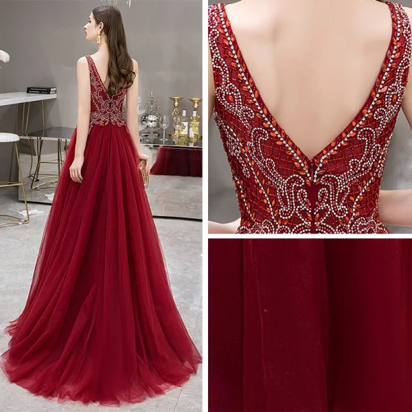 Élégant Bordeaux Robe De Soirée 2019 Princesse Col v profond Sans Manches Faux Diamant Perlage Train De Balayage Volants Dos Nu Robe De Ceremonie