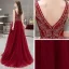 Élégant Bordeaux Robe De Soirée 2019 Princesse Col v profond Sans Manches Faux Diamant Perlage Train De Balayage Volants Dos Nu Robe De Ceremonie