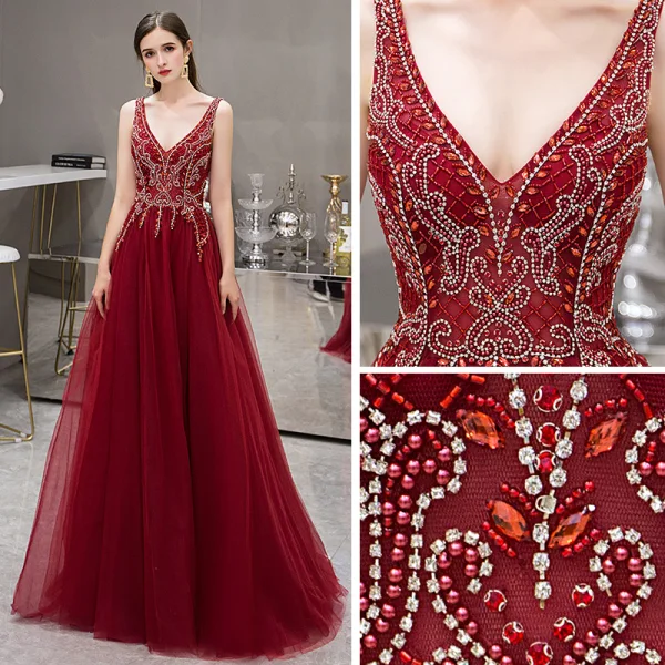 Élégant Bordeaux Robe De Soirée 2019 Princesse Col v profond Sans Manches Faux Diamant Perlage Train De Balayage Volants Dos Nu Robe De Ceremonie