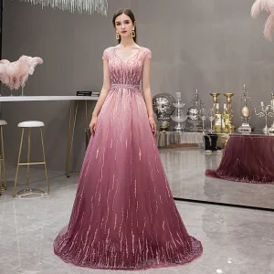 High End Fuchsia Gradient Color Evening Dresses 2019 A Line Princess Deep V Neck Short Sleeve Rhinestone Beading Sweep Train Ruffle Backless Formal Dresses