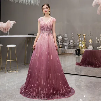 High End Fuchsia Gradient Color Evening Dresses 2019 A Line Princess Deep V Neck Short Sleeve Rhinestone Beading Sweep Train Ruffle Backless Formal Dresses